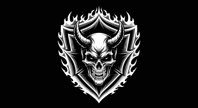 Horned demon skull emblem on flaming shield background.