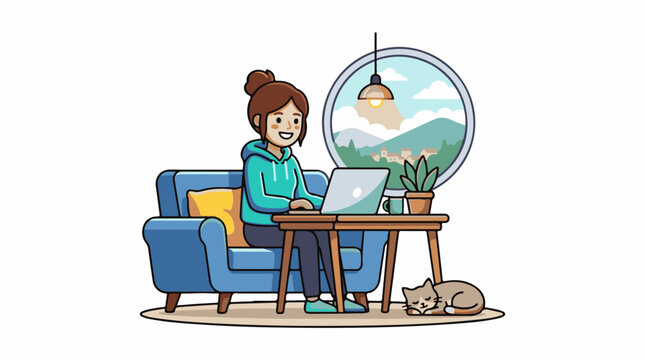 A woman with brown hair in a bun wearing a blue hoodie sits on a blue couch with a laptop on a wooden table next to a cat