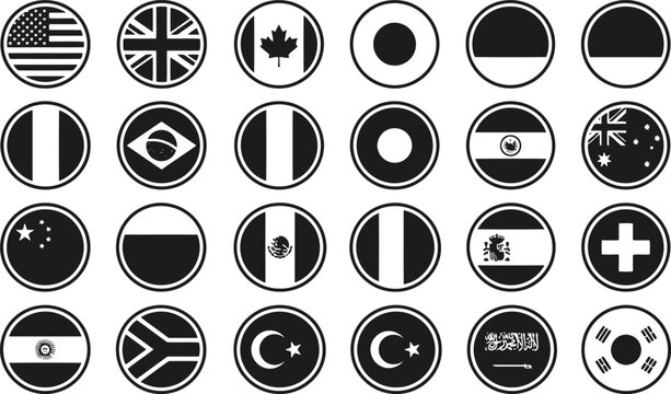 Set of black and white circular world country flag icons