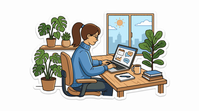 A woman with brown hair tied back in a ponytail works on her laptop beside a sunny window