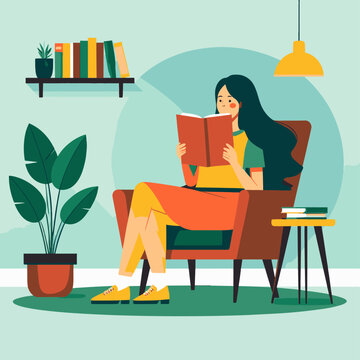 A woman with long dark hair sitting in an armchair reading a book