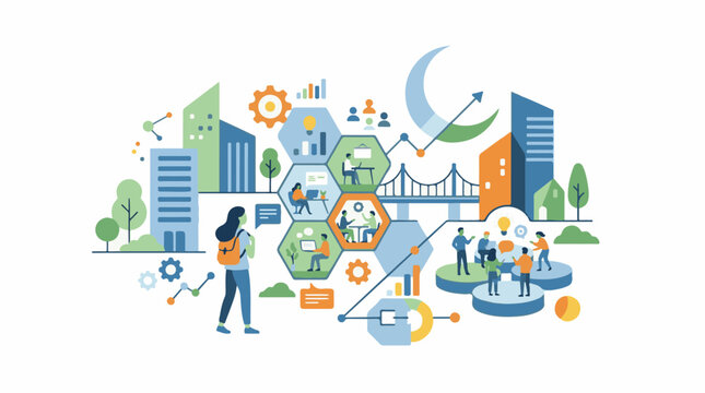 A woman with orange backpack looks up at cityscape and business growth symbols