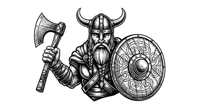 Horned helmet Viking warrior with axe and shield.
