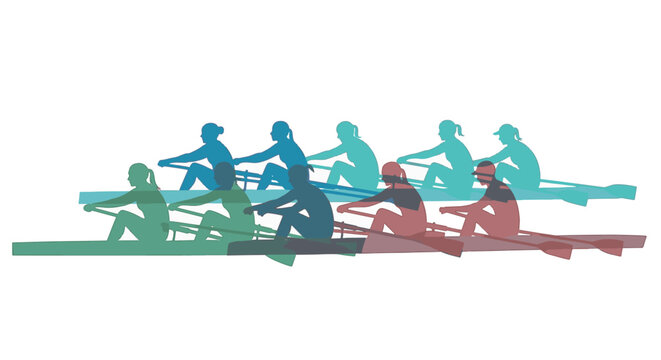 Abstract vector illustration featuring colorful overlapping silhouettes of female athletes rowing in racing shells. Artistic depiction of team crew sport isolated on white background.