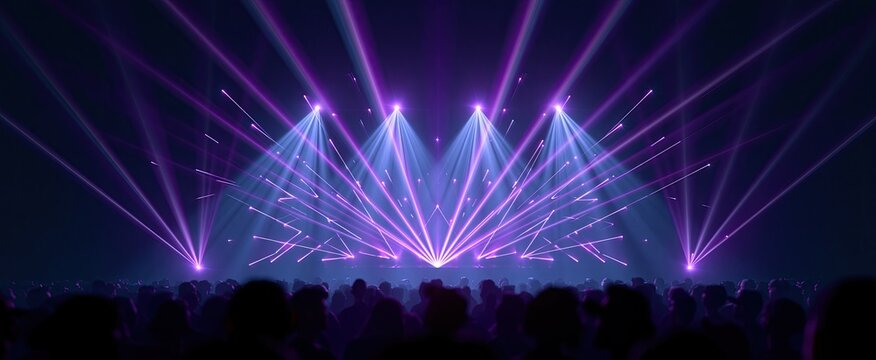At a vibrant concert, a sleek futuristic stage shines with glowing neon lights and bold geometric designs.