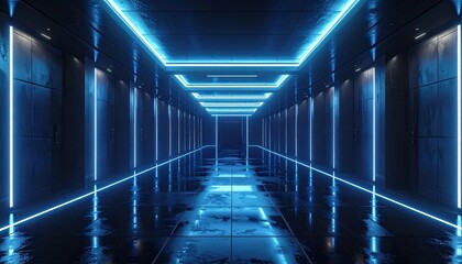 Fototapeta premium Futuristic Neon Blue Corridor with Reflective Floor.