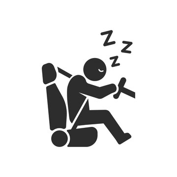 Drowsy driving and road safety danger icon. Driver sleeping behind steering wheel. Monochrome black and white symbol
