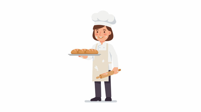 Cheerful baker in uniform holds tray of fresh bread and rolling pin