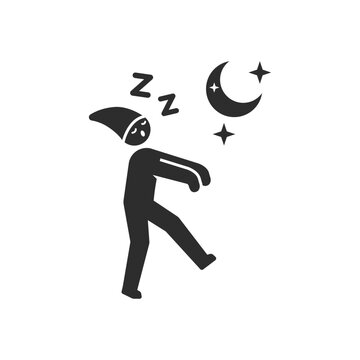 Sleepwalking and night disorder icon. Person walking while sleeping. Monochrome black and white symbol