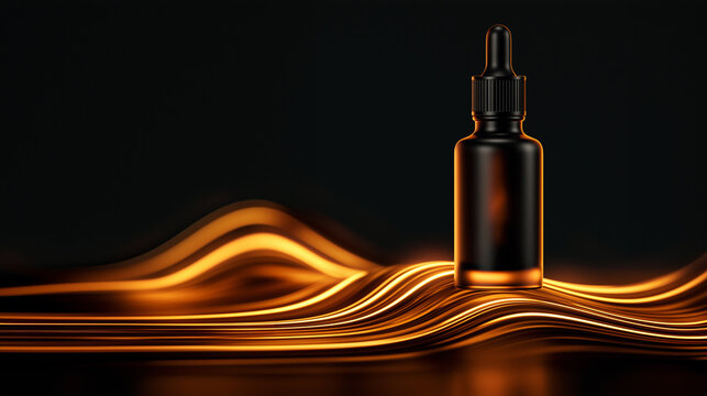 luxury skincare serum bottle floating above abstract orange light sculpture, cosmetic serum bottle with glowing orange abstract light, elegant beauty serum packaging with floating bottle