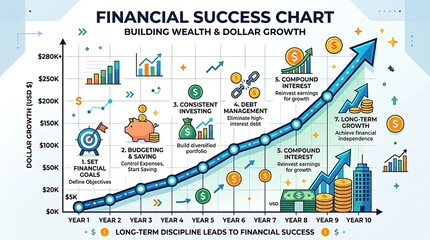 Obraz premium A financial infographic illustrates long-term discipline leads to financial success with a growing dollar growth chart and various icons.
