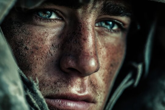 Soldier with dirty face showing courage and determination
