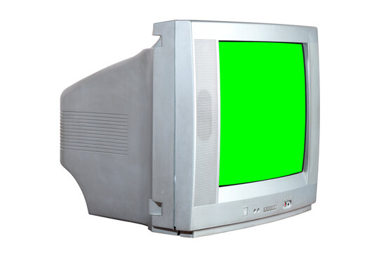 Silver vintage green screen TV for adding new images to the screen. Isolated on white background.