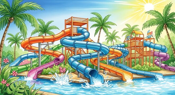 Vibrant water park with colorful slides and palm trees