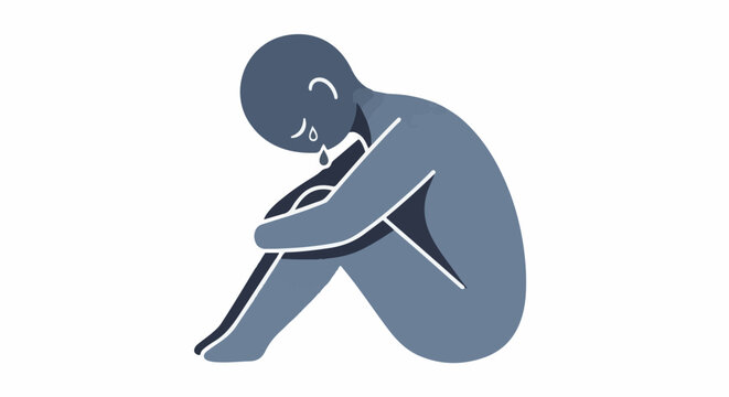 Stylized figure in blue, curled in a fetal position, shedding tears