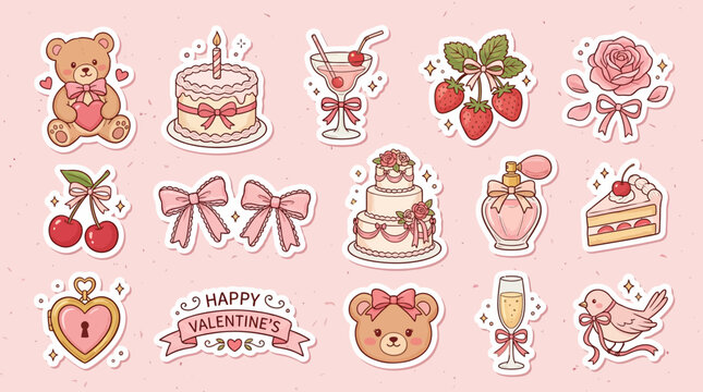 A collection of cute pink stickers for romantic celebrations and festive events