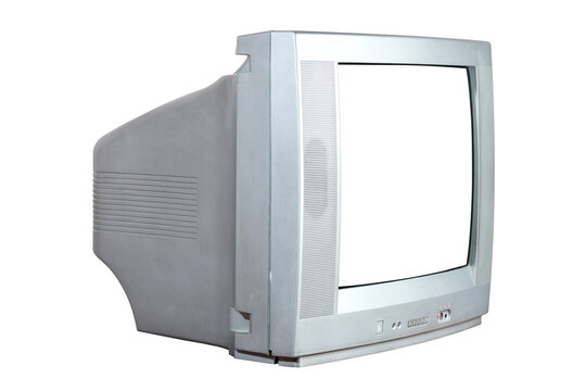 Old silver TV isolated on white background. Retro technology concept. Blank screen for text.Vintage TVs 1980s 1990s 2000s. 