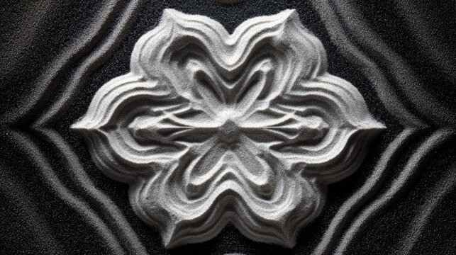 Cymatics white sand forming fourfold symmetric wave pattern on black