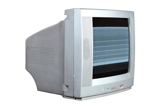 Vintage silver flat CRT TV with static on screen isolated on white background.