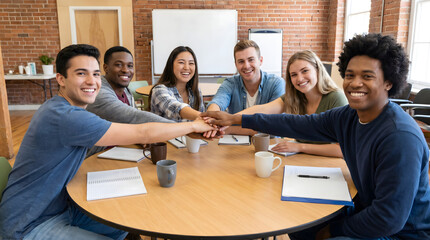 Fototapeta premium Multiracial happy young people stacking hands-Group of diverse friends having fun unity together indoors at table of community-Human resources Concept Creative and Relationship Youth Culture