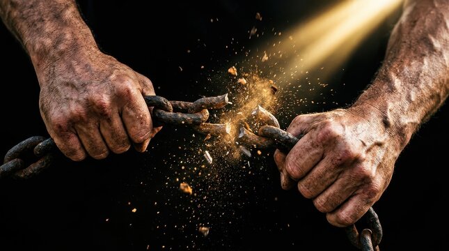 Strong hands breaking heavy rusty metal chains symbolizing freedom liberation and overcoming struggle against darkness