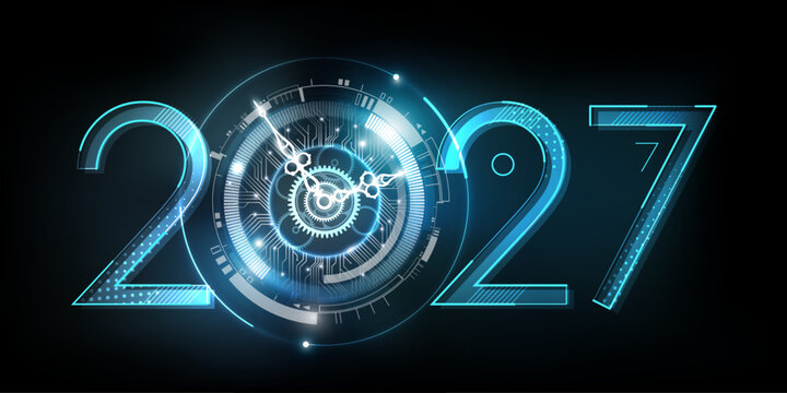 Happy New Year 2027 celebration with white light abstract clock on futuristic technology background, countdown concept, Can rotate clock hands, vector illustration