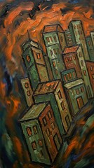 Fototapeta premium Impressionistic colorful oil painting of tightly packed green and orange city apartment blocks, urban living concept