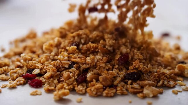 Granola being poured onto a surface, showcasing its crunchy texture and colorful ingredients. Ideal for healthy snacking and breakfast options