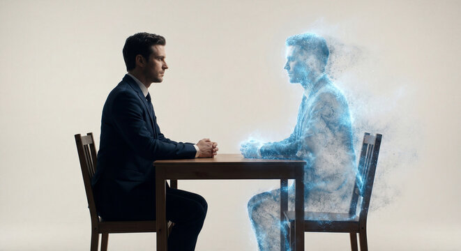 Man in suit looking at digital AI twin clone made of glowing data