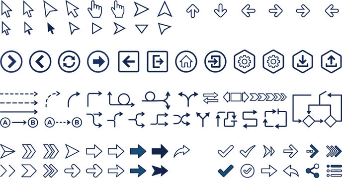 Comprehensive vector line icon set featuring mouse cursor arrows user interface buttons navigation pointers flow chart symbols diagram signs and website direction graphics