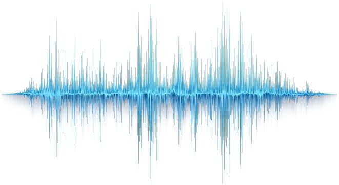 Blue sound wave equalizer spectrum with dynamic vertical lines reflecting on a white background for audio visualization.