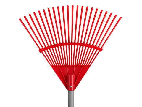 Red garden rake with metal handle isolated on transparent background, gardening tool