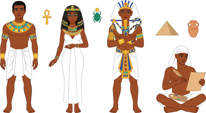 Ancient Egyptian People Character Set Featuring Pharaoh King, Queen Cleopatra, Noble Citizen, and Scribe Writing on Papyrus Scroll Vector Illustration