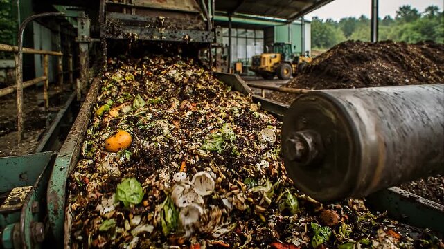Organic waste recovery facility conveyor loaded with food scraps compostable material and vegetable peels creating nutrient rich compost gritty