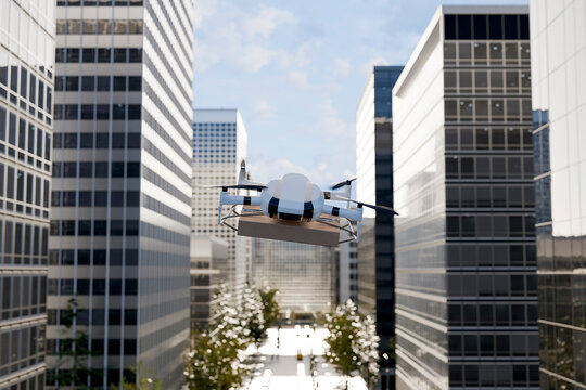 3D urban parcel drone carries cargo between city towers