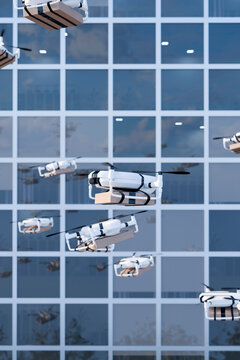 3D drone fleet facade scene reflects automated parcel traffic