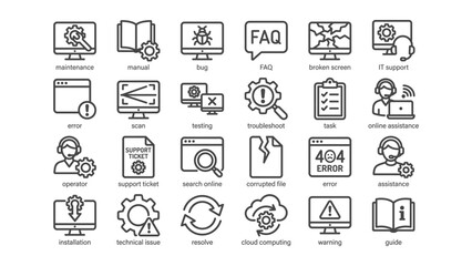 Fototapeta premium Collection of technology and support icons representing computer maintenance troubleshooting and online assistance services
