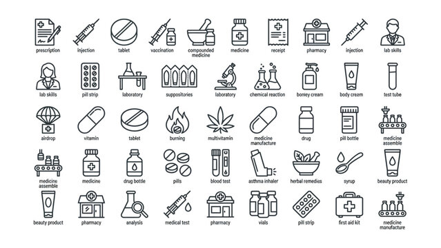 Collection of medical and pharmaceutical icons representing healthcare services and products for easy understanding