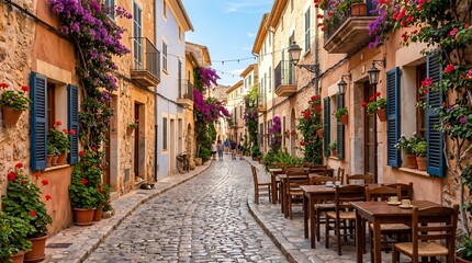 Naklejka premium Charming European cobblestone alley with vibrant flowers and outdoor cafe seating