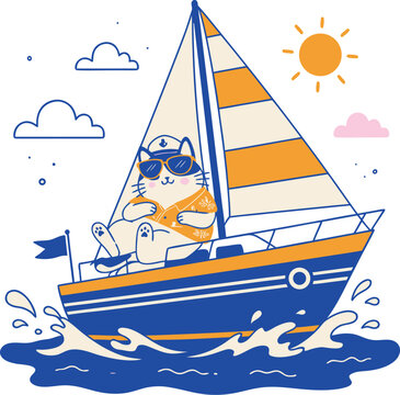 Cat on a yacht. Cute vector illustrations of a relaxing vacation cat enjoying summer leisure activities. Playful flat design with beach vibe and cozy holiday atmosphere.