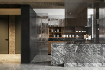 Modern Luxury Kitchen Interior with Dark Marble Island, Fluted Glass Cabinets, and Minimalist Wooden Ceiling © Dulal
