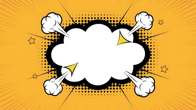 Comic speech bubble, pop art style, yellow background, graphic element, white cloud