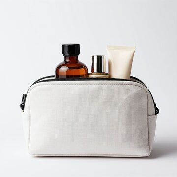 White canvas bag holds toiletries bottles. Compact case for travel essentials, skincare, and beauty products. Clean, minimalist design for everyday or vacation use.