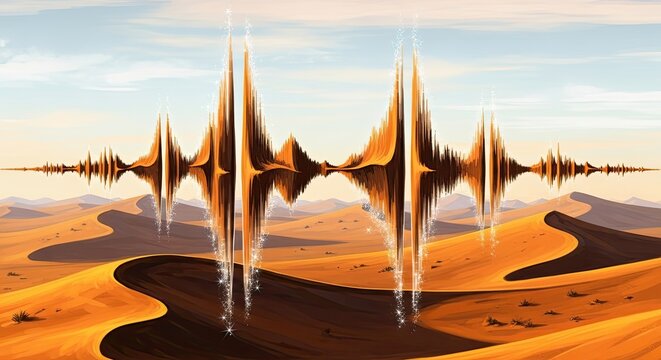 Energetic sound frequency waveform glowing brightly over expansive golden desert dunes under a serene clear sky