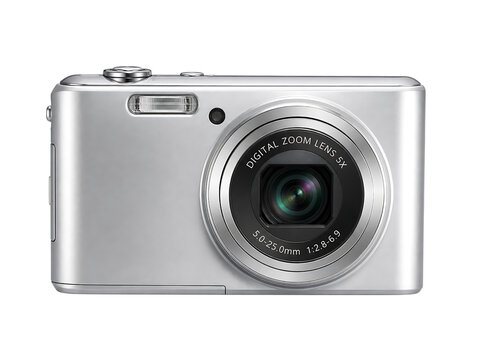 Silver digital camera isolated on transparent background, photography equipment