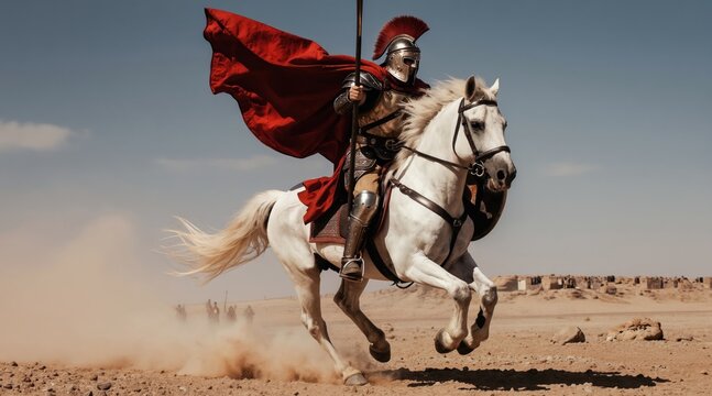 White horse wears Spartan armor and red cape charging into desert battle with spear and shield. Warrior gallops forward kicking up dust, facing distant village settlement. Military charge.