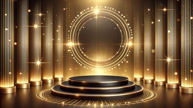 An elegant stage background video featuring a circular black podium with glowing golden illuminated edges. Surrounding the podium are vertical in atmospheric motion