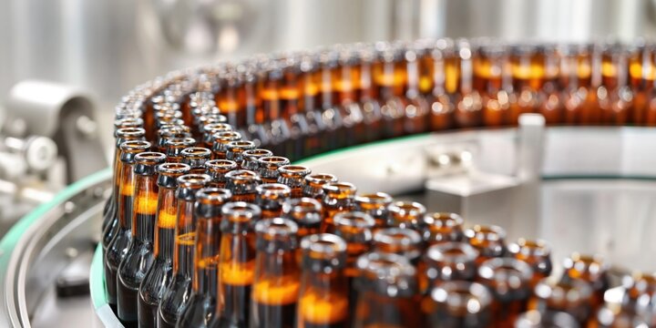 Automated conveyor belt moving amber glass bottles in a beverage production facility