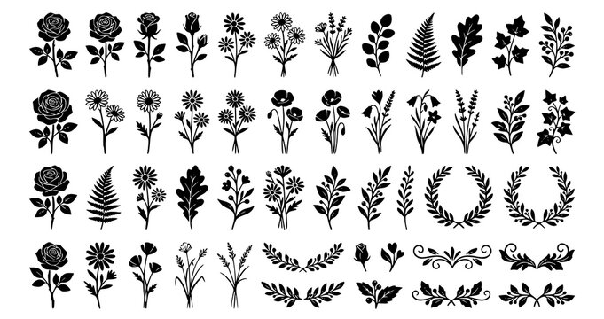 Rose and Wildflower Silhouette Collection Black Floral Vector Design Elements