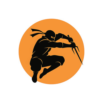 Black ninja silhouette holding a sai weapon in a dynamic jumping pose against a large orange circular sun background, isolated on white, professional vector illustration for martial arts.